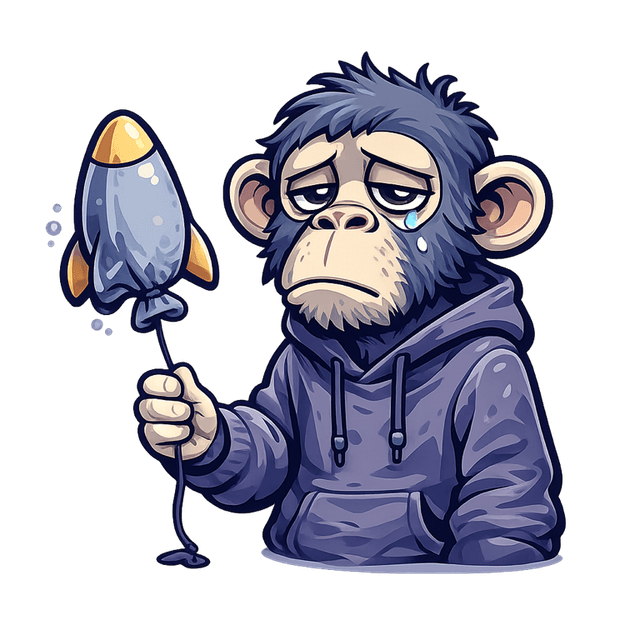 A dejected bored-ape NFT holding a deflated rocket