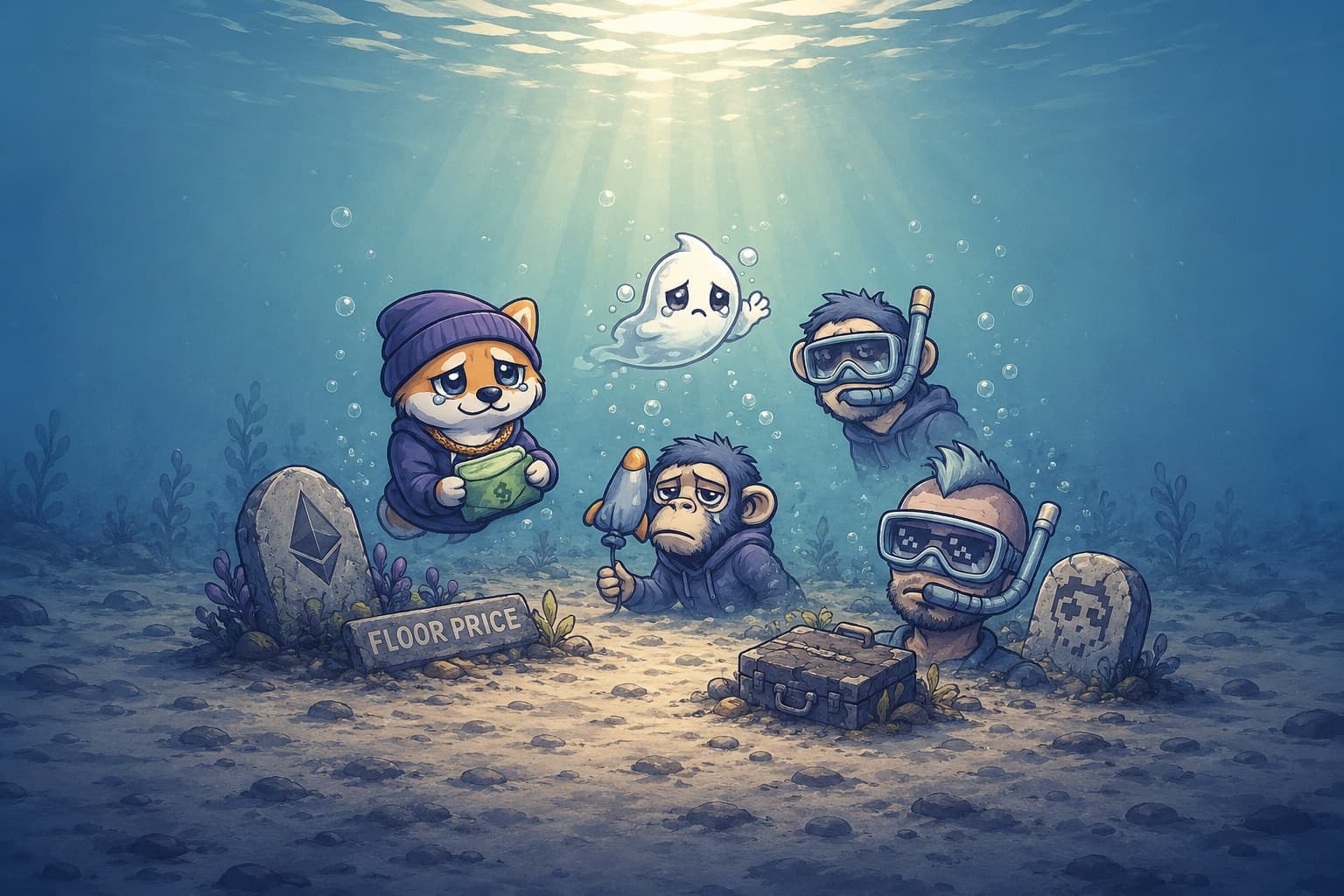 A Shiba, a bored ape, a pixel punk and a ghost sitting underwater among tombstones for dead NFT collections and a sunken 'floor price' marker